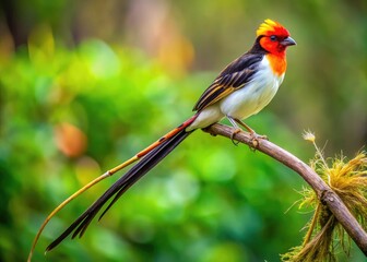 Vibrant whydah bird perches on a branch, showcasing its striking plumage, long shaft-like tail feathers, and distinctive rusty-red crown in a natural habitat setting.