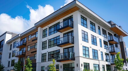 Obraz premium Modern apartment building with balconies and windows against a blue sky with white clouds.