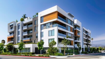 Modern apartment building with balconies and landscaping.