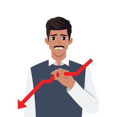 Unhappy young businessman hold arrow facing down. Flat vector character illustration