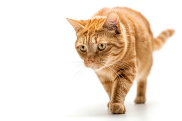 Fototapeta premium A domestic orange cat walking on a white surface