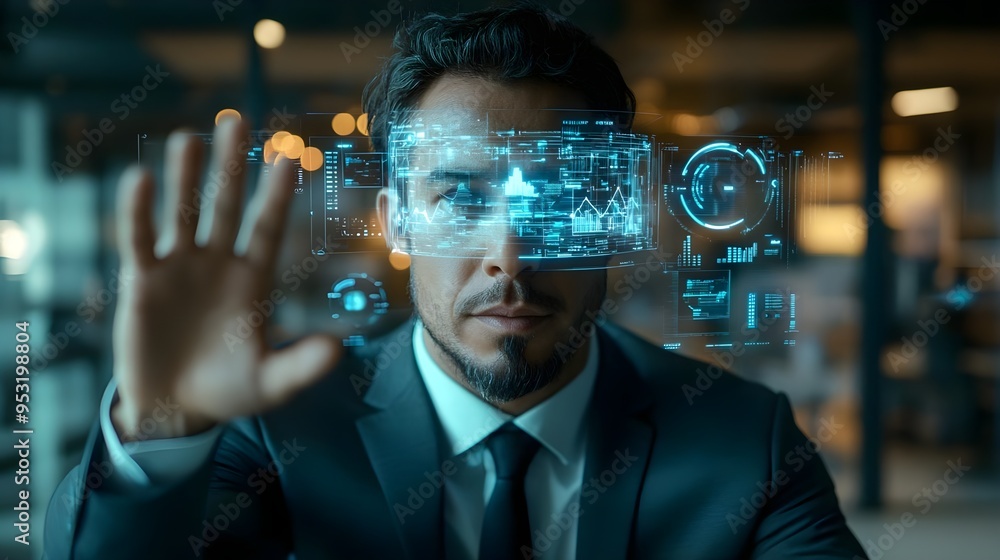 Poster businessman using futuristic ar glasses with data visualizations
