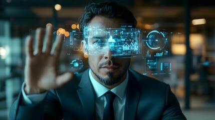 Fototapeta premium Businessman Using Futuristic AR Glasses with Data Visualizations