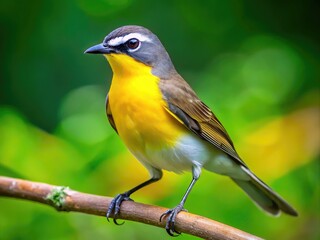 Fototapeta premium Vibrant yellow-breasted chat perches on a verdant branch, its bright plumage and distinctive black mask standing out against a blurred green forest background.