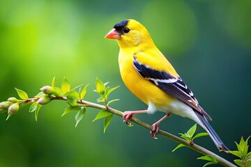 Naklejka premium Vibrant yellow goldfinch perches on a delicate branch, showcasing its striking plumage, subtle crest, and tiny beak, against a soft, blurred background of summer foliage.