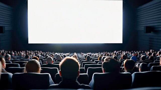 A darkened movie theater with an empty screen and an audience eagerly awaiting the show.