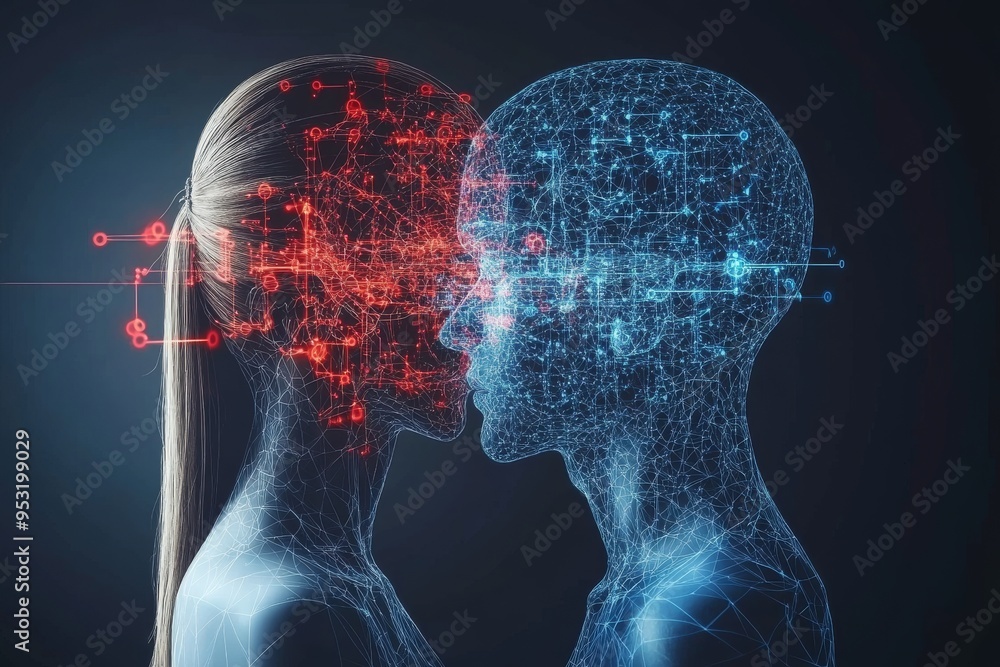 Poster abstract romance gesture woman with glowing brain in red and blue tones symbolizing the duality of t