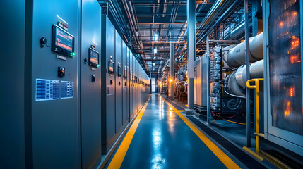 Fototapeta premium Electrical substation room in petrochemical plant, AI