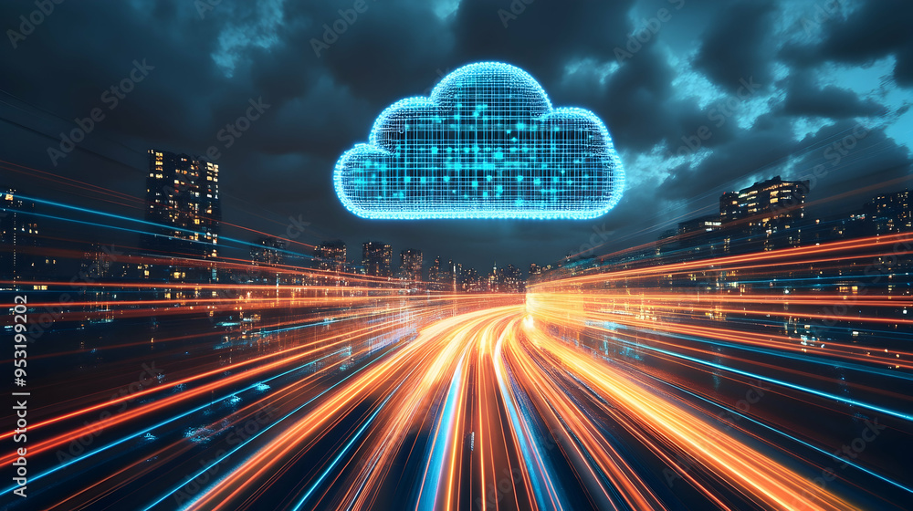 Poster cloud computing represented alongside a speeding train set against a city backdrop, showcasing a fus
