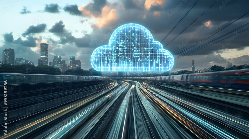 Poster cloud computing with a speeding train on a city background generative ai