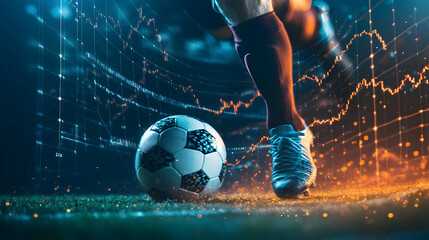 A close-up shot of a soccer player's foot striking a ball, set against a backdrop of stock market charts. This imagery conveys the dynamic interplay between sports and investing in financial markets.