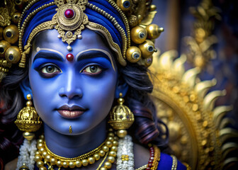 Fototapeta premium Closeup portrait of Hindu god Lord Krishna with blue skin and beautiful jewelry. Krishna Janmashtami, Govardhan Puja, Vishu Kani. Indian religious festival. Banner, poster, card with copy space