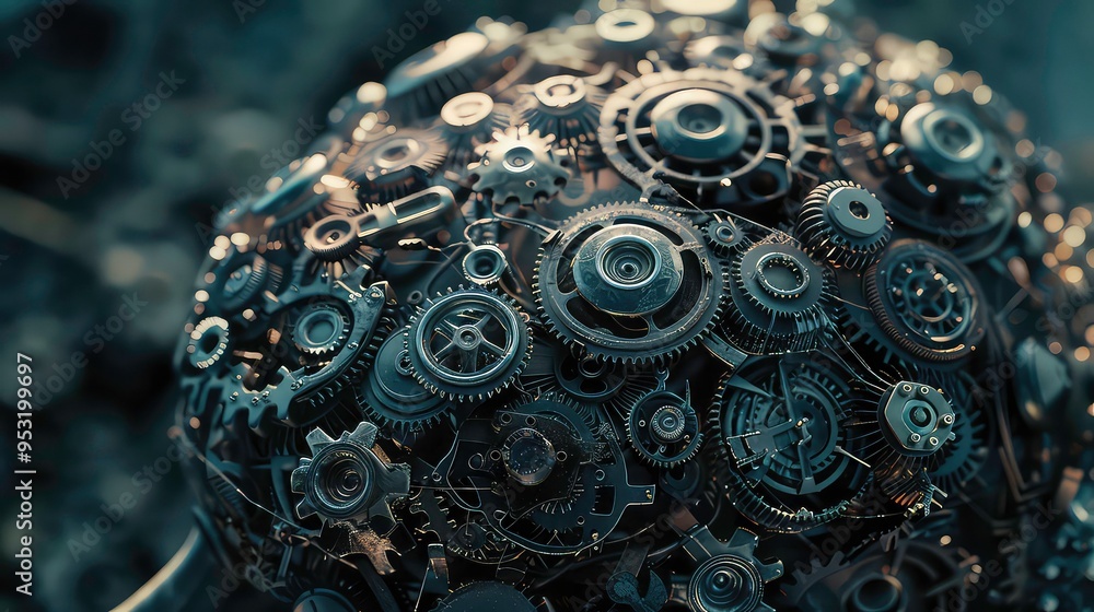 Poster close-up of a complex metal gear system with many intricate cogs and wheels.