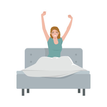 recommend clip art: Young woman stretch waking up in bed at home. Flat vector character illustration