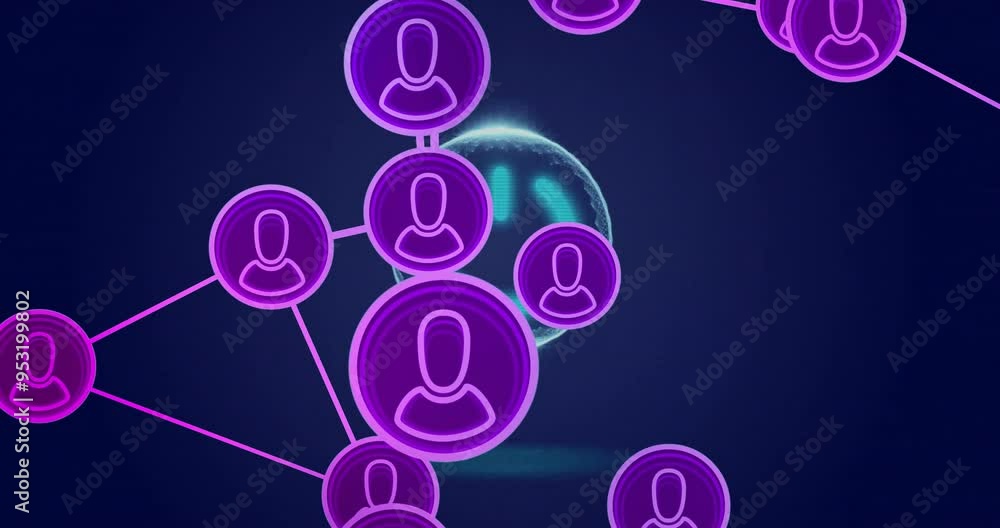 Aufkleber network of connected user icons animation over digital background