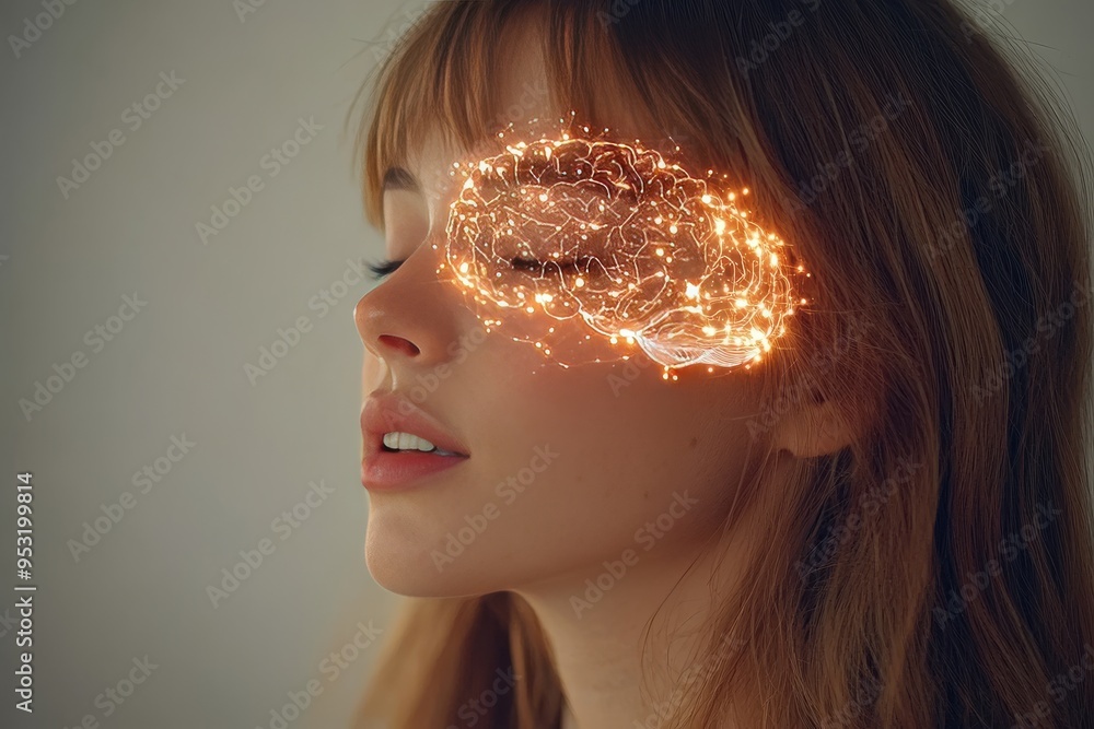 Poster mnemonic romance gesture profiles of a man and woman with illuminated brain patterns representing ha