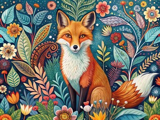 Fototapeta premium Whimsical illustration of a curious fox amidst floral patterns and abstract shapes, blending traditional sketching with modern digital design elements, creating a vibrant and playful atmosphere.
