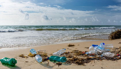 美しい海岸にプラスチックのゴミが散乱しているシーンを描いています。波が寄せる砂浜には、ペットボトルやビニール袋などのゴミが打ち上げられており、環境問題を強く訴える内容です。青い空と海の自然の美しさと対照的に、海洋汚染の深刻さが強調されています。generative AI