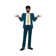 Man standing with shoulders raised and palms up confused. Flat vector character illustration