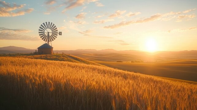 Windmill Sunset Over Golden Wheat Field Landscape