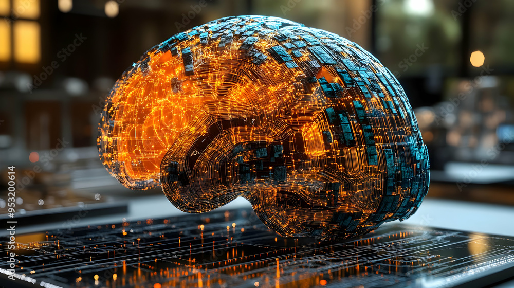 Poster 3D rendering of a glowing brain made of circuit boards.