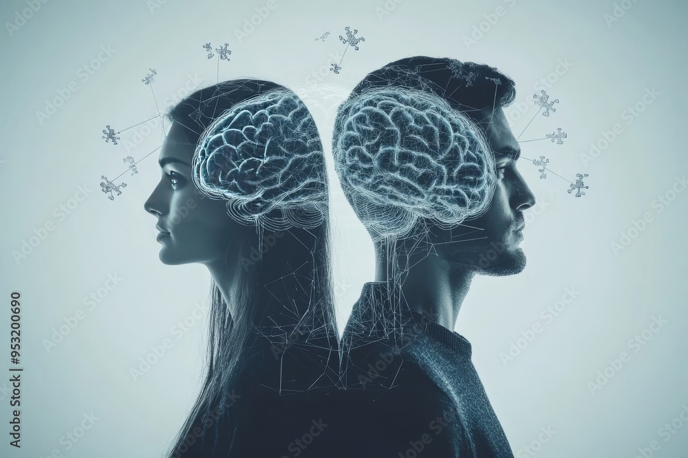 Poster perceptive loving touch two profiles with illuminated brain networks in a high tech connected enviro