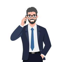 Businessman talking on mobile phone. Flat vector character illustration