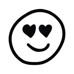 A black and white line art of a smiley face with heart-shaped eyes, symbolizing love and affection.