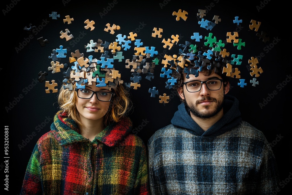 Poster rational loving touch a couple with illuminated brains and glowing connections representing the merg