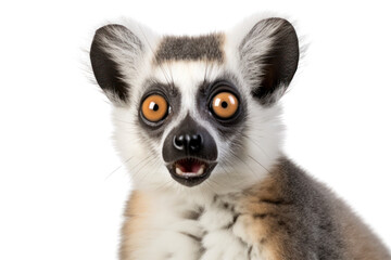 Obraz premium A close-up shot of a lemur cat showing its unique fur pattern and large ears, isolated on white background.