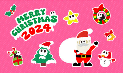 Fototapeta premium Hand-Drawn Crayon Style Santa Claus Merry Christmas 2024 - Pop and Cute Holiday Illustration with White Border