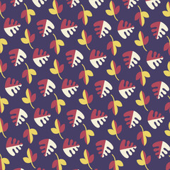 Obraz premium Abstract Seamless leaves Pattern. Colorful botanical leafy pattern on a Purple background. leaves graphic wallpaper. Editable Design for wall art, clothing, wrapping, fabric or all textile print.