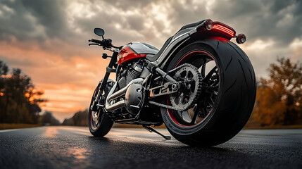 Naklejka premium A black motorcycle with a red rim on the rear wheel is parked on a wet asphalt road at sunset.