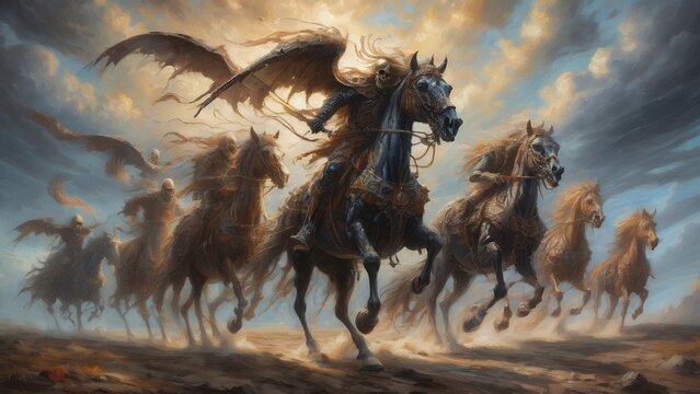A skeletal rider on a steed leads a ghostly cavalry across a desolate landscape.