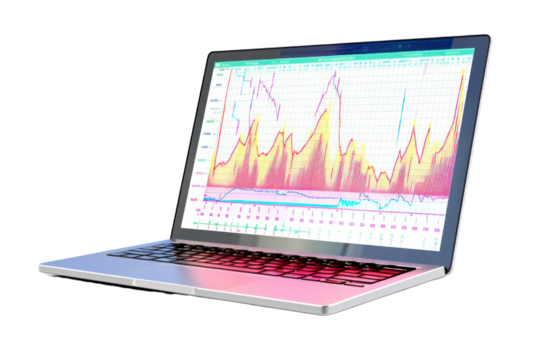 A close-up view of a digital graph on a laptop screen, isolated on white background