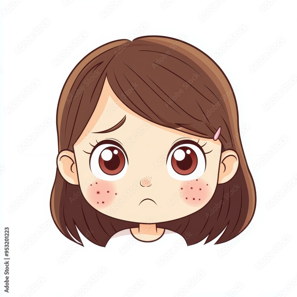 Wall mural a cartoon girl with pimples on her face, showcasing a relatable and playful character on a clean whi