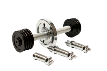 A close-up view of a metal adjustable dumbbell, isolated on white background.