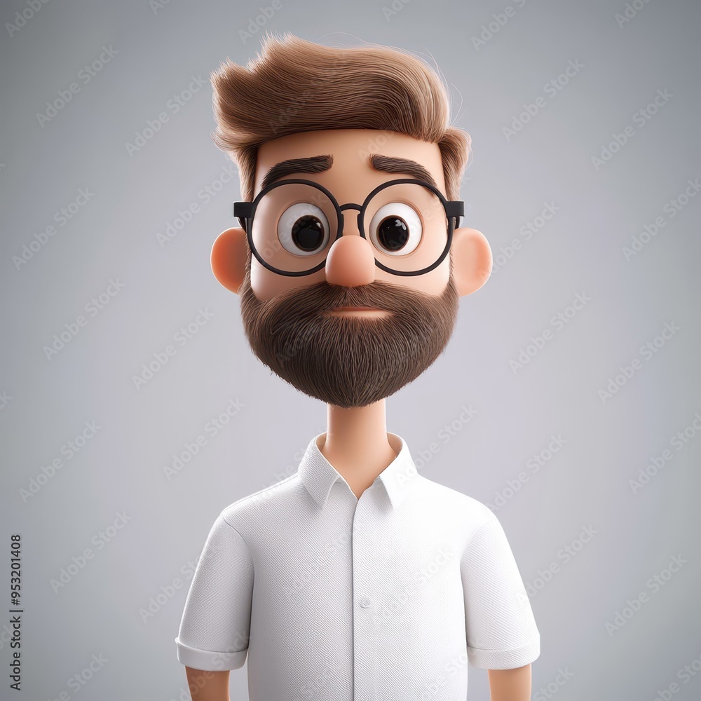 Sticker A humorous 3D cartoon of a 3yearold man with brown hair and glasses, sporting a light beard, against a plain backdrop.