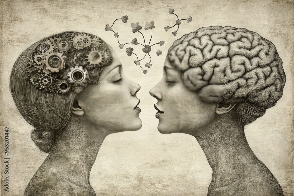 Poster subconscious loving touch two profiles with glowing brain imagery representing the intense focus men