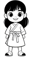 A cute little girl in minimalist style, dressed in ancient attire, beams with a big smile on a simple white backdrop.