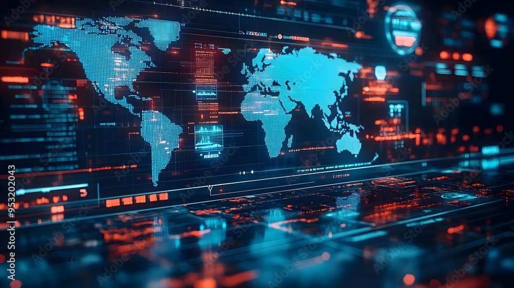 Poster digital world map with data visualization