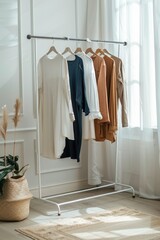 A clothing rack filled with hanging clothes in a room, perfect for interior design or fashion photography