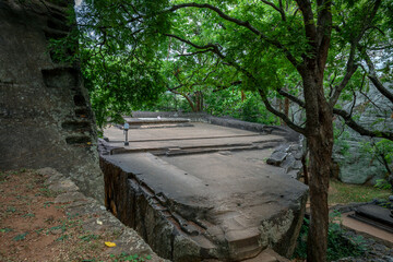 The Audience Hall belonging to the ancient royal city of King Kasyapa at Sigiriya Rock Fortress at Sigiriya in central Sri Lanka. It was hand carved from the top of a rock boulder.