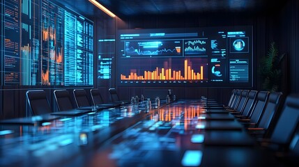 Empty Meeting Room with Digital Data Screens