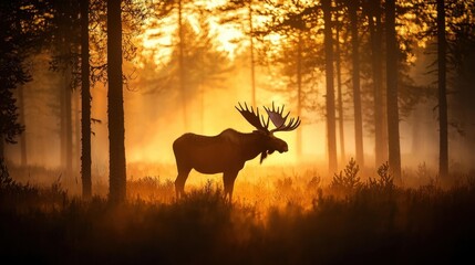 Majestic Moose Silhouette in Golden Sunrise Fog
