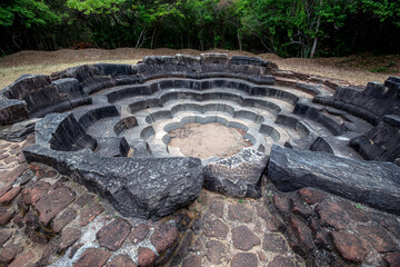 The stone carved Lotus Pond at the ancient site of Polonnaruwa in Sri Lanka. Designed to resemble a fully blown lotus flower it sits adjacent to the Jetavanarama built by King Parakramabahu the Great.