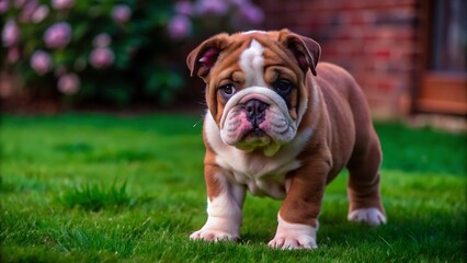 Fototapeta premium English Bulldog Puppy Walking on the Lawn
