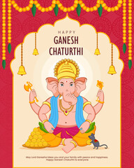 Lord Ganapati for Happy Ganesh Chaturthi Indian festival temple hanging bell flower mango leaf garland decoration