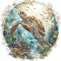 Obraz premium Watercolor Sea Turtle Painting with Coral Reef and Fish