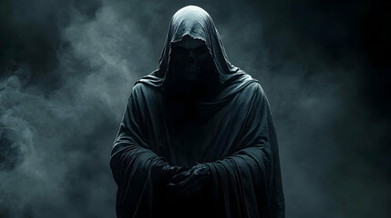 A cloaked figure with a skull mask stands against a dark and smoky background.